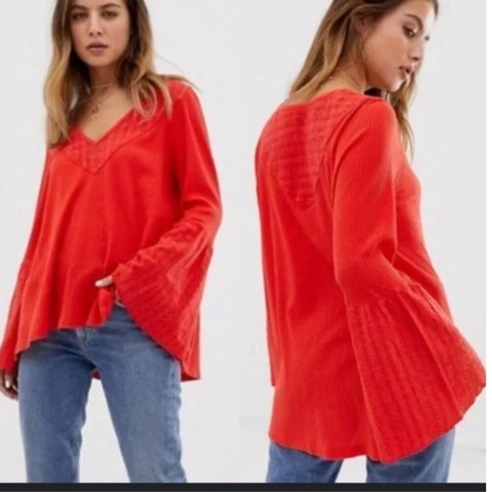 Free People Women's Parisian Nights Eyelet Embroidered Red Boho Top size Xs